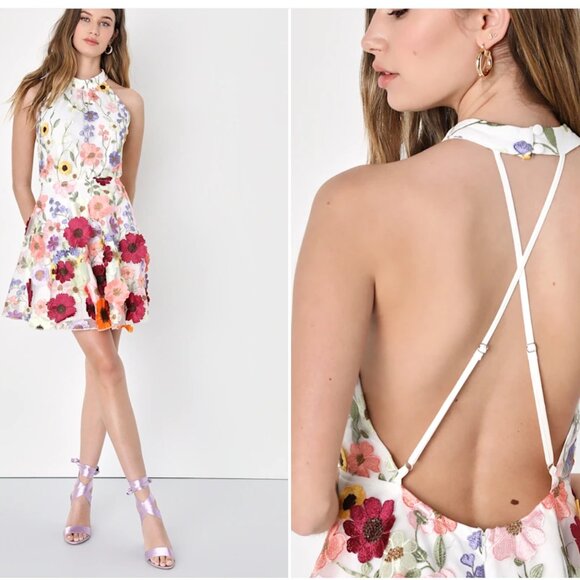 Lulus Blooming Bliss Ivory 3D Floral Embroidered Halter Mini Dress - Picture 14 of 14